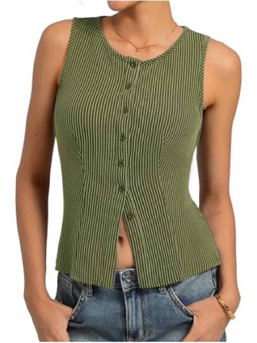 NWT Kate Kasin Green Ribbed Button-Down Sleeveless Tank - Small